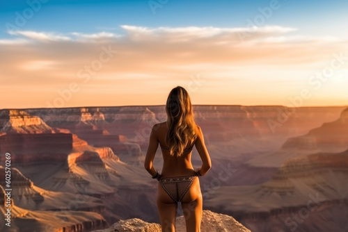 Back of sexy woman on Grand Canyon National Park, USA. Generative AI. © AS Photo Family