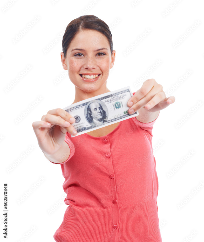Happy, smile and money with portrait of woman for investment and success in studio. Cash, dollar and wow with face of girl customer isolated on white background for financial, deal and promotion Happy, smile and money with portrait of woman for investment and success in studio. Cash, dollar and wow with face of girl customer isolated on white background for financial, deal and promotion