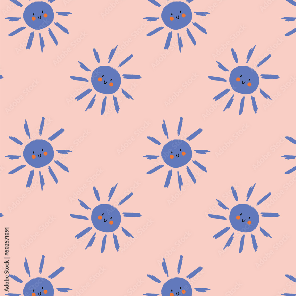 Vector pattern with blue sun. Summer background with sun character for fabric design,wallpaper,wrapping paper and more Vector pattern with blue sun. Summer background with sun character for fabric design,wallpaper,wrapping paper and more