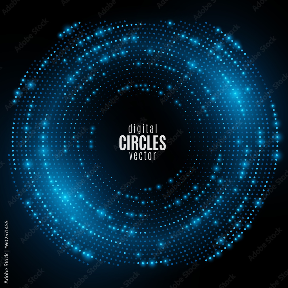 Digital futuristic circles of blue glowing particles. Big data visualization into cyberspace. Abstract background of dots. Neural Network Concept. Vector Illustration. - obrazy, fototapety, plakaty 