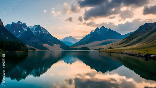 Enchanted Vistas: A Picturesque Lake with Majestic Mountains as its Backdrop"