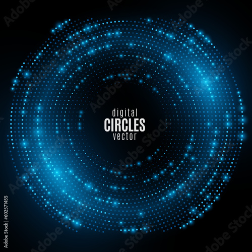 Fototapeta Naklejka Na Ścianę i Meble -  Digital futuristic circles of blue glowing particles. Big data visualization into cyberspace. Abstract background of dots. Neural Network Concept. Vector Illustration.