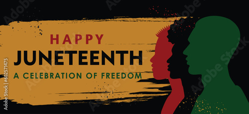 Silhouette of Young African American with text Happy Juneteenth. Vector