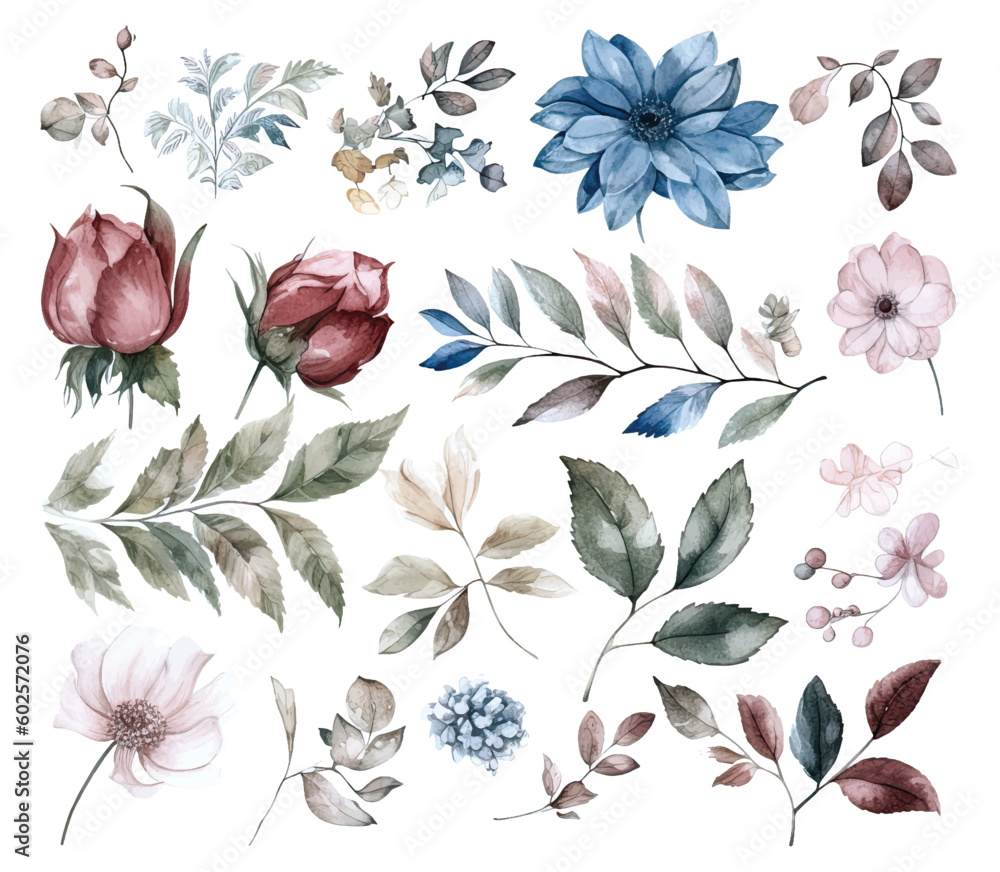 Obraz premium Set of watercolor flowers leaves and twigs on a white background