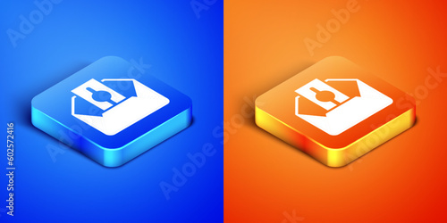 Isometric Donate or pay your zakat as muslim obligatory icon isolated on blue and orange background. Muslim charity or alms in ramadan kareem before eid al-fir. Square button. Vector