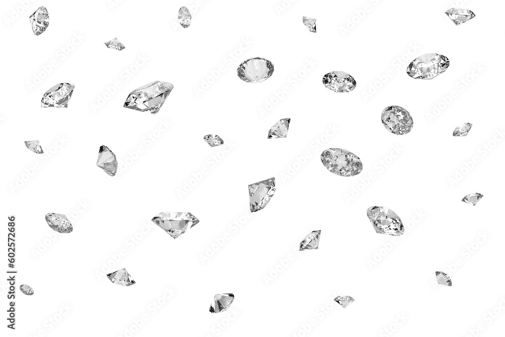 Lots of shiny diamonds falling on. transparent background - obrazy, fototapety, plakaty 