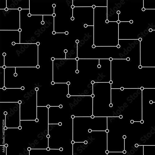 Hand drawn cute seamless pattern with trace on a circuit board. Flat vector connection of electronic components print in doodle style. Repeated background with new technologies, wrapping or wallpaper.