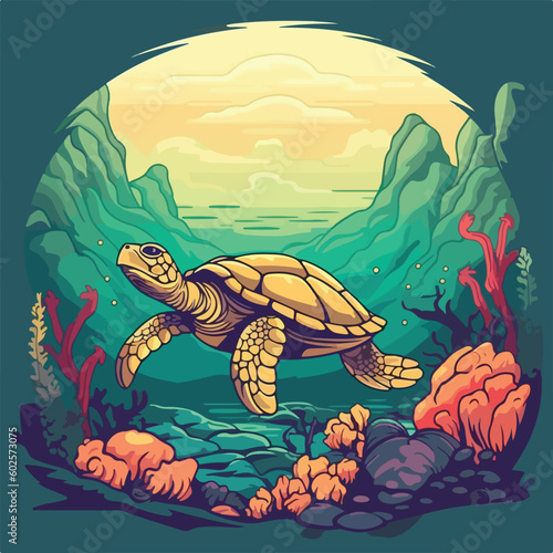turtle swim in sea underwater scene vintage logo badge vector illustration