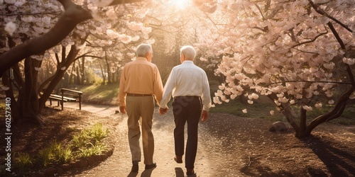 A senior gay couple holding hands and strolling through a sunlit park, surrounded by blooming flowers, concept of Aging with dignity, created with Generative AI technology