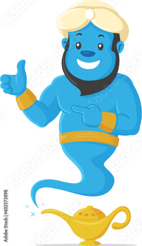 Blue genie showing thumb up vector cartoon illustration isolated on white