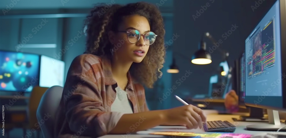 Generative Ai. a woman is working on a computer in a dark room Generative Ai. a woman is working on a computer in a dark room