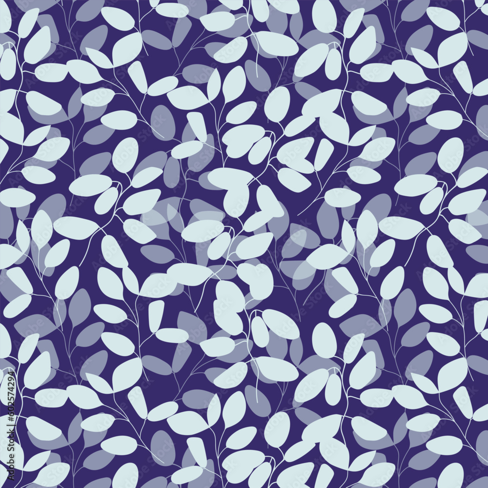 A seamless pattern with blue leaves on a blue background. Floral seamless pattern. Branch with leaves ornamental texture. Flourish nature summer garden textured background