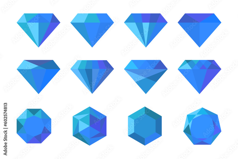 Set of blue diamond gem stone in a flat design Set of blue diamond gem stone in a flat design