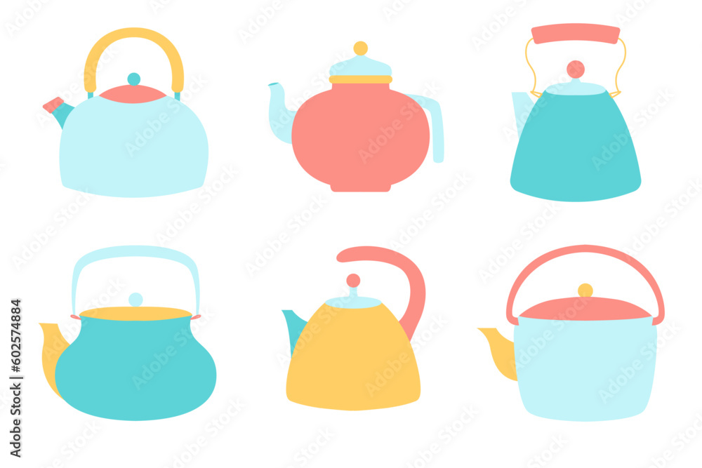 Set of illustrations teapots, kitchen items, vector Set of illustrations teapots, kitchen items, vector