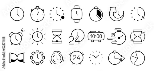 Set of black time, clock, stopwatch, alarm, hourglasses icon