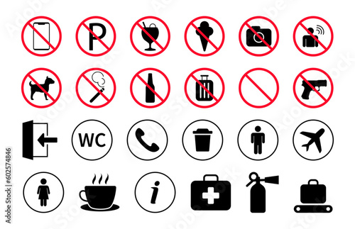 Set of airport icons. Prohibited and forbidden icons for airport