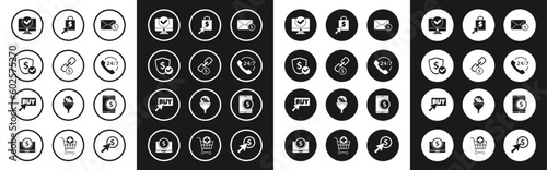 Set Envelope with coin dollar, Chain link and, Shield, Computer monitor, Telephone 24 hours support, Shoping bag, Tablet and Buy button icon. Vector