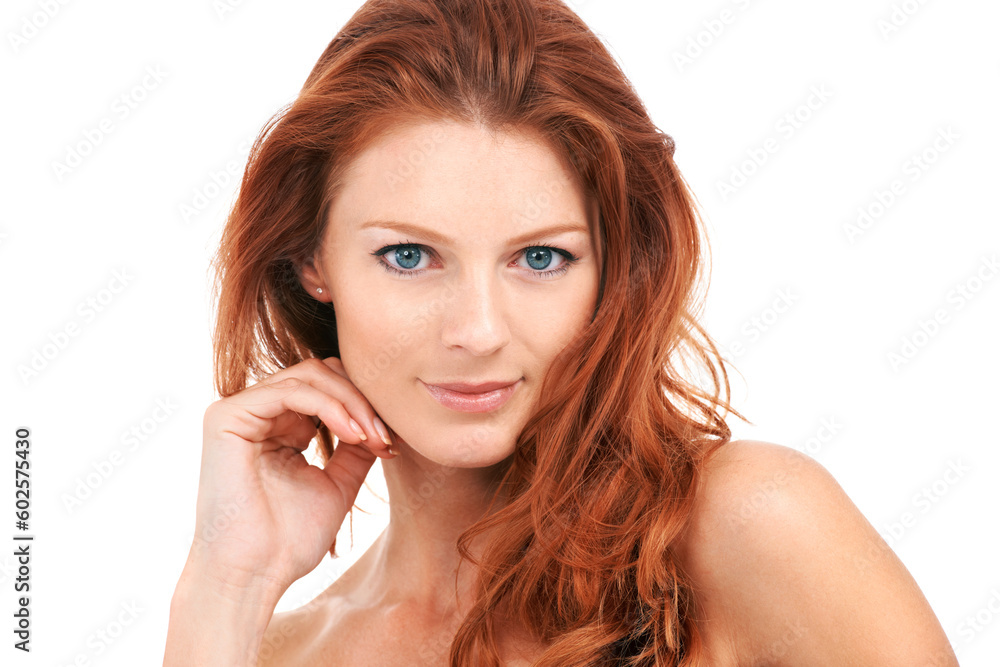 Beauty, ginger hair and portrait of woman in studio for natural makeup, cosmetics and skincare. Style, smile and confident with face of model isolated on white background for spa and self care Beauty, ginger hair and portrait of woman in studio for natural makeup, cosmetics and skincare. Style, smile and confident with face of model isolated on white background for spa and self care