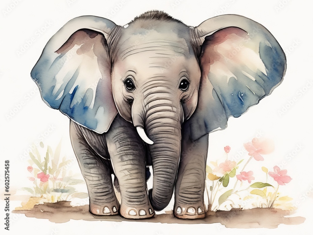An adorable young elephant in a blooming field is shown in a watercolor. 