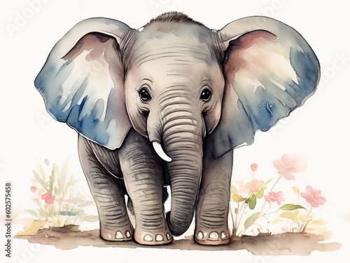 An adorable young elephant in a blooming field is shown in a watercolor. Generative AI.