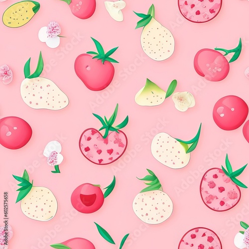 The vivid pattern of fruit and leaves on a light pink background. Generative AI.