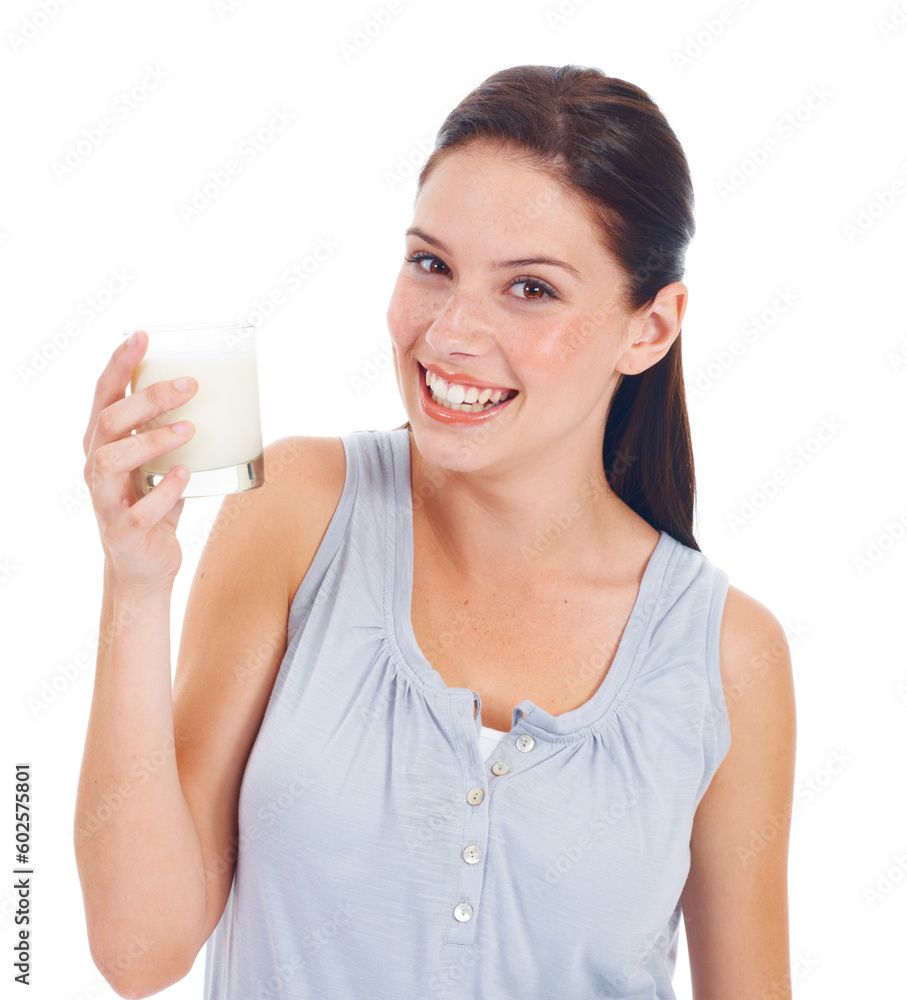 Portrait smile, happy woman and milk glass for healthy benefits, bone health or nutritionist hydration drink. Calcium dairy product, studio wellness girl or female person isolated on white background Portrait smile, happy woman and milk glass for healthy benefits, bone health or nutritionist hydration drink. Calcium dairy product, studio wellness girl or female person isolated on white background