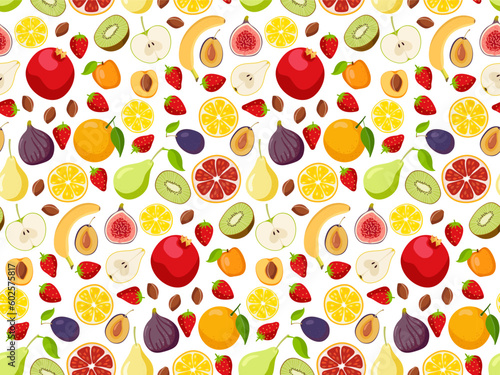 Fototapeta Naklejka Na Ścianę i Meble -  Seamless pattern with Fruits and berries. Fresh Natural organic food. Fruits in hand-drawn style. Repeated vector For wallpaper, wrapping paper, textile, scrapbooking.s. Ingredients for cooking
