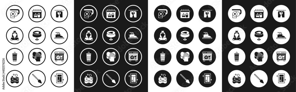Set Drying clothes, Stain on tablecloth, Cleaning lady service, Toilet paper roll, Electric iron, calendar, Dishwasher machine and Trash can icon. Vector Set Drying clothes, Stain on tablecloth, Cleaning lady service, Toilet paper roll, Electric iron, calendar, Dishwasher machine and Trash can icon. Vector