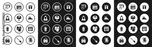Set Drying clothes, Stain on tablecloth, Cleaning lady service, Toilet paper roll, Electric iron, calendar, Dishwasher machine and Trash can icon. Vector