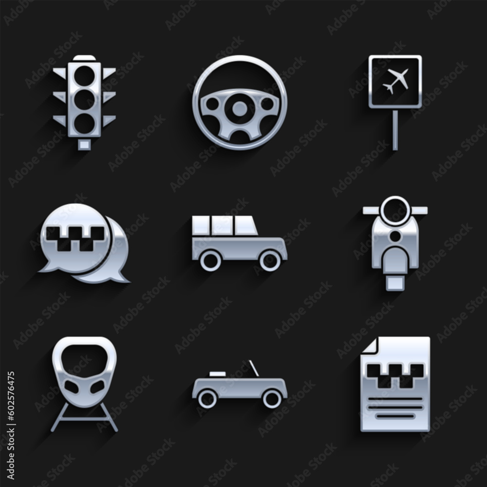 Set Car, Taxi driver license, Scooter, High-speed train, call telephone service, Airport and Traffic light icon. Vector Set Car, Taxi driver license, Scooter, High-speed train, call telephone service, Airport and Traffic light icon. Vector