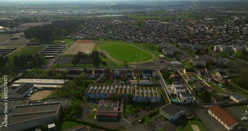 Aerial view of the race track hosting the 24 Hour Endurance Car Race at Le Mans. The famous winding track in Europe. Car racing in France photo