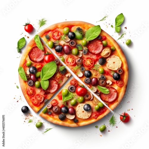 pizza with salami, tomatoes, olives and vegetables , artificial intelligent concept, generated by AI