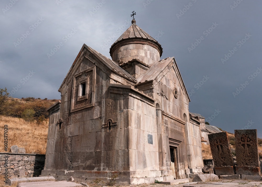 View of Surb Hovannes church on sunny autumn day. Tsakhats Kar monastery, Vayots Dzor Province, Armenia.