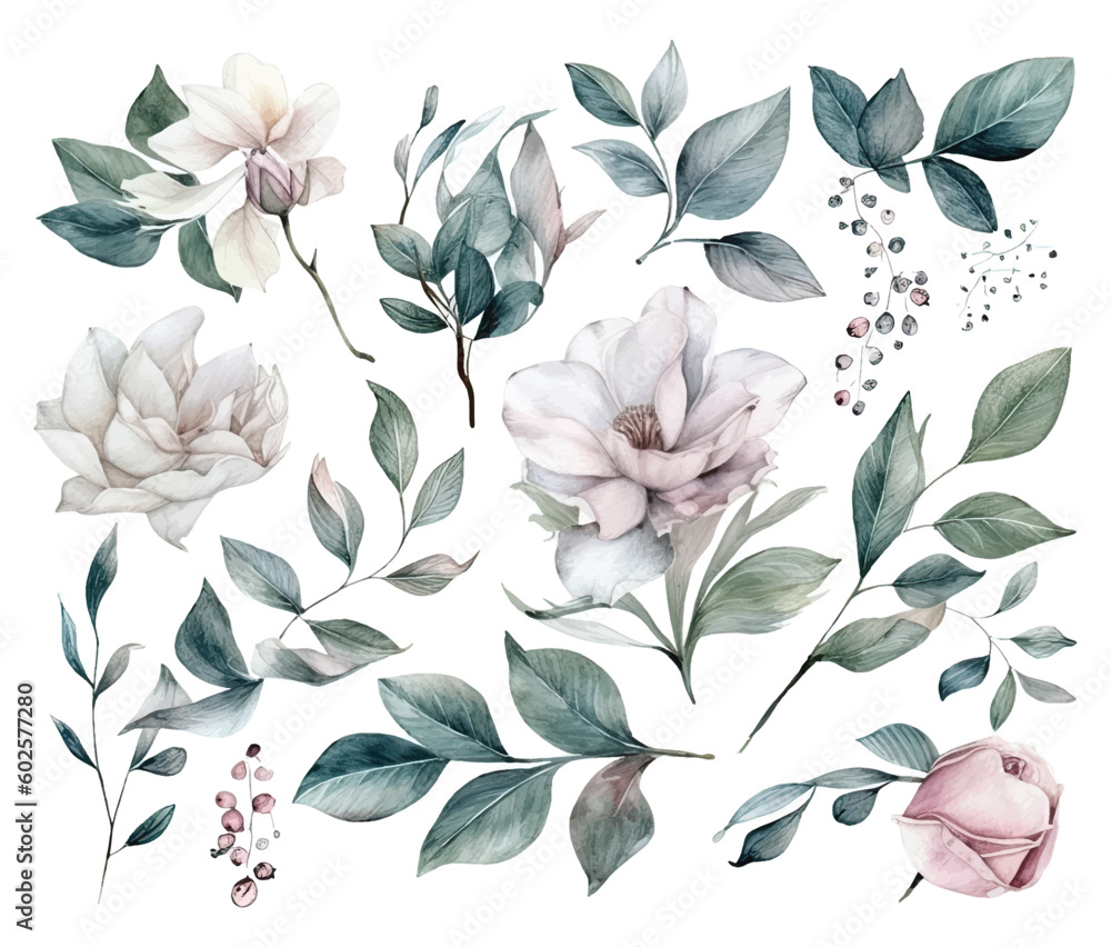 Set of watercolor flowers leaves and twigs on a white background Set of watercolor flowers leaves and twigs on a white background