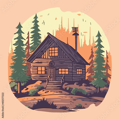vintage wooden house cabin in pine forest mountain logo vector illustration