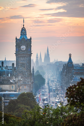 Edinburgh scenic skyline at sunset, wide panoramic view from Calton Hill. Cityscape of Edinburgh during blue hour