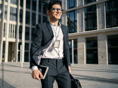 A confident entrepreneur is a young man in glasses and a business suit with a briefcase,
