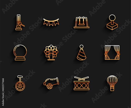 Set line Unicycle or one wheel bicycle, Cannon, High striker attraction with big hammer, Drum drum sticks, Hot air balloon, Ferris, Curtain and Party hat icon. Vector