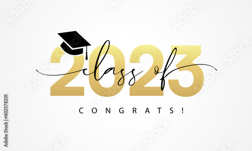 Class of 2023 word lettering script. 2023 Congratulation Graduate design with golden numbers and graduation academic cap. Vector illustration