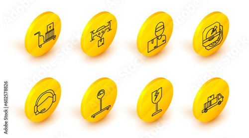 Set line Delivery truck with cardboard boxes, Fragile broken glass symbol, Scale, Support operator in touch, Pizza, man, drone the package and Electric hand and icon. Vector