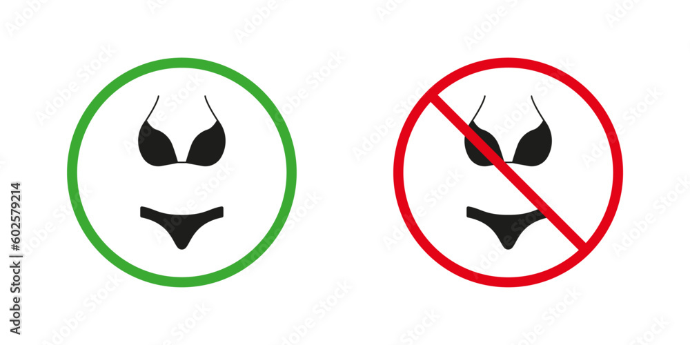 Nude Beach Red and Green Warning Signs. Female Two Pieces Swimsuit Silhouette Icons Set. Women Bikini and Bra Allowed and Prohibited Pictogram. Swimwear Symbol. Isolated Vector Illustration Nude Beach Red and Green Warning Signs. Female Two Pieces Swimsuit Silhouette Icons Set. Women Bikini and Bra Allowed and Prohibited Pictogram. Swimwear Symbol. Isolated Vector Illustration