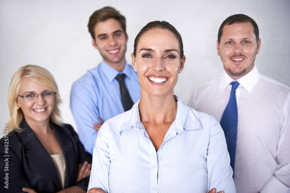 Portrait, happy woman and leadership of team, white background and isolated studio for professional business. Female manager, smile and confidence for corporate management, pride and trust about us Portrait, happy woman and leadership of team, white background and isolated studio for professional business. Female manager, smile and confidence for corporate management, pride and trust about us