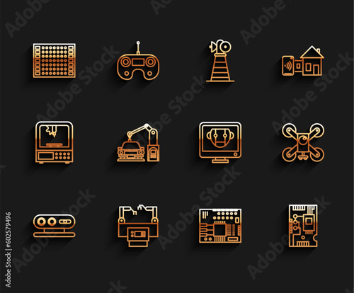Set line 3d scanning system, Electronic computer components motherboard digital chip, Industrial machine robotic robot arm hand, Drone flying with action camera and Bot icon. Vector