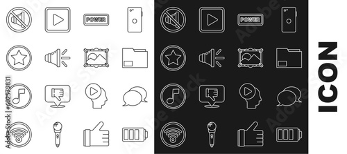 Set line Battery charge level indicator, Speech bubble chat, Document folder, Power button, Speaker volume, Star, mute and Picture landscape icon. Vector