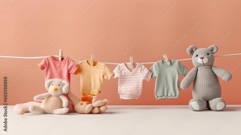 baby toys, clothes on pink background with copy space , AI Generated.  Generative AI - obrazy, fototapety, plakaty 