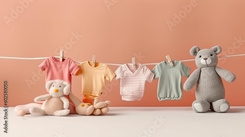 baby toys, clothes on pink background with copy space , AI Generated.  Generative AI photo