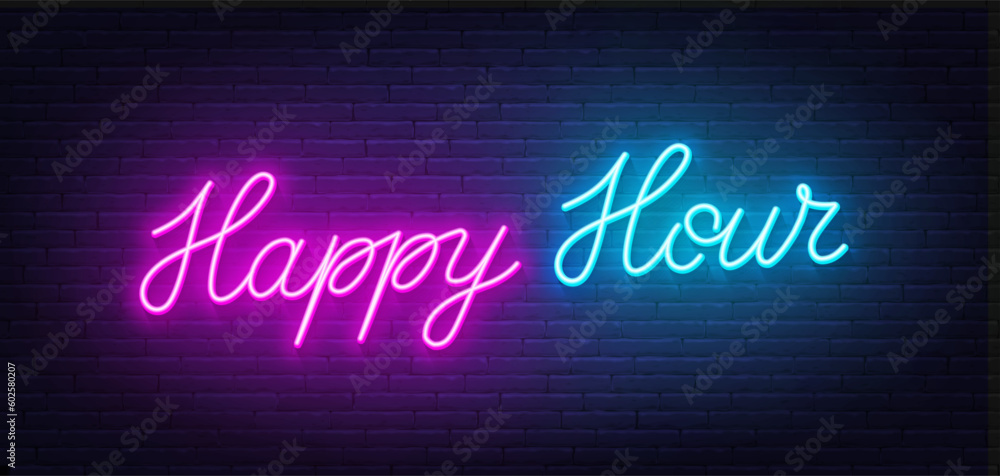 Φωτογραφία Happy hour neon sign on brick wall background.