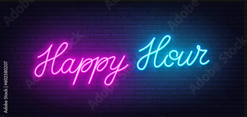 Fototapete Happy hour neon sign on brick wall background.