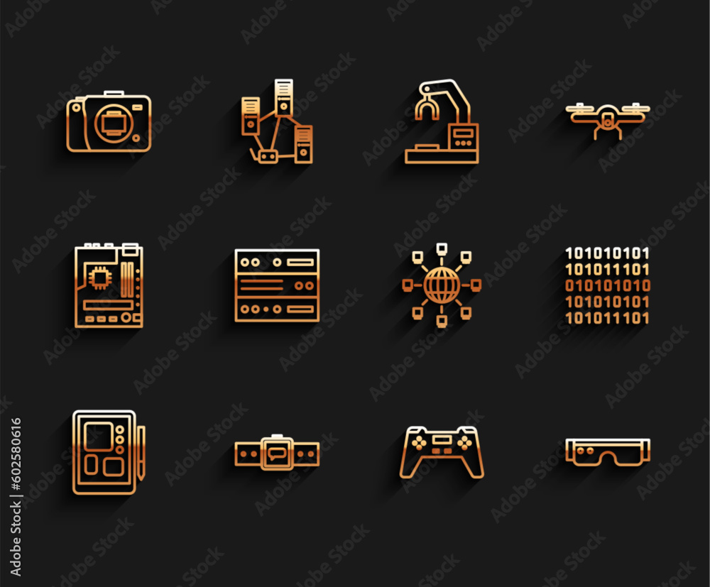 Set line Graphic tablet, Smartwatch, Mirrorless camera, Gamepad, glasses, Server, Data, Web Hosting, Binary code and Social network icon. Vector Set line Graphic tablet, Smartwatch, Mirrorless camera, Gamepad, glasses, Server, Data, Web Hosting, Binary code and Social network icon. Vector