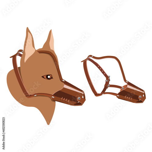 Leather, brown muzzle for dogs, a dog in a muzzle.Vector illustration of the subject of dog care.